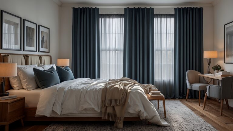 Cozy bedroom with blackout curtains for perfect sleep.